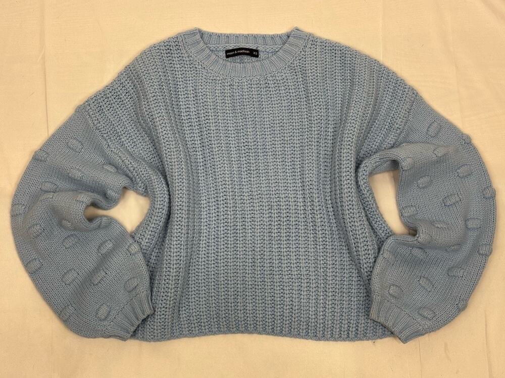 Moon&Madison Women’s Blue Crewneck Sweater Polka Dot Sleeve Feminine Coquette XS